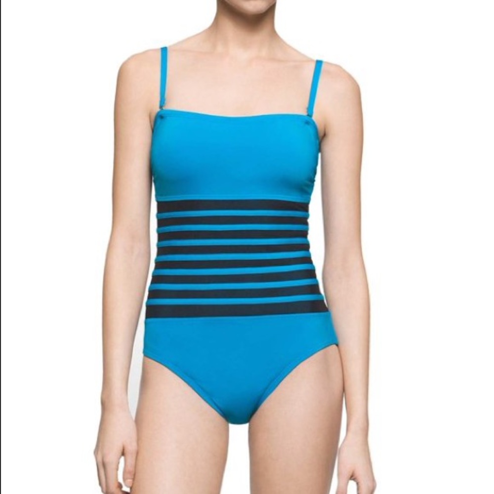 Calvin Klein Turquoise and Black Mesh Stripe One Piece Bathing Suit Size 8